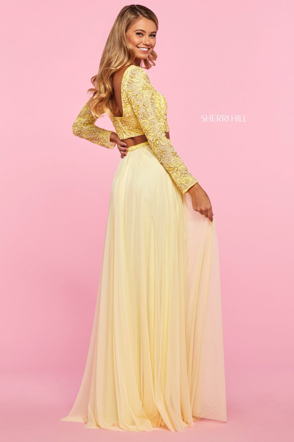 Sherri Hill 53559 dress images in these colors: Nude Ivory, Light Blue, Yellow, Blush.