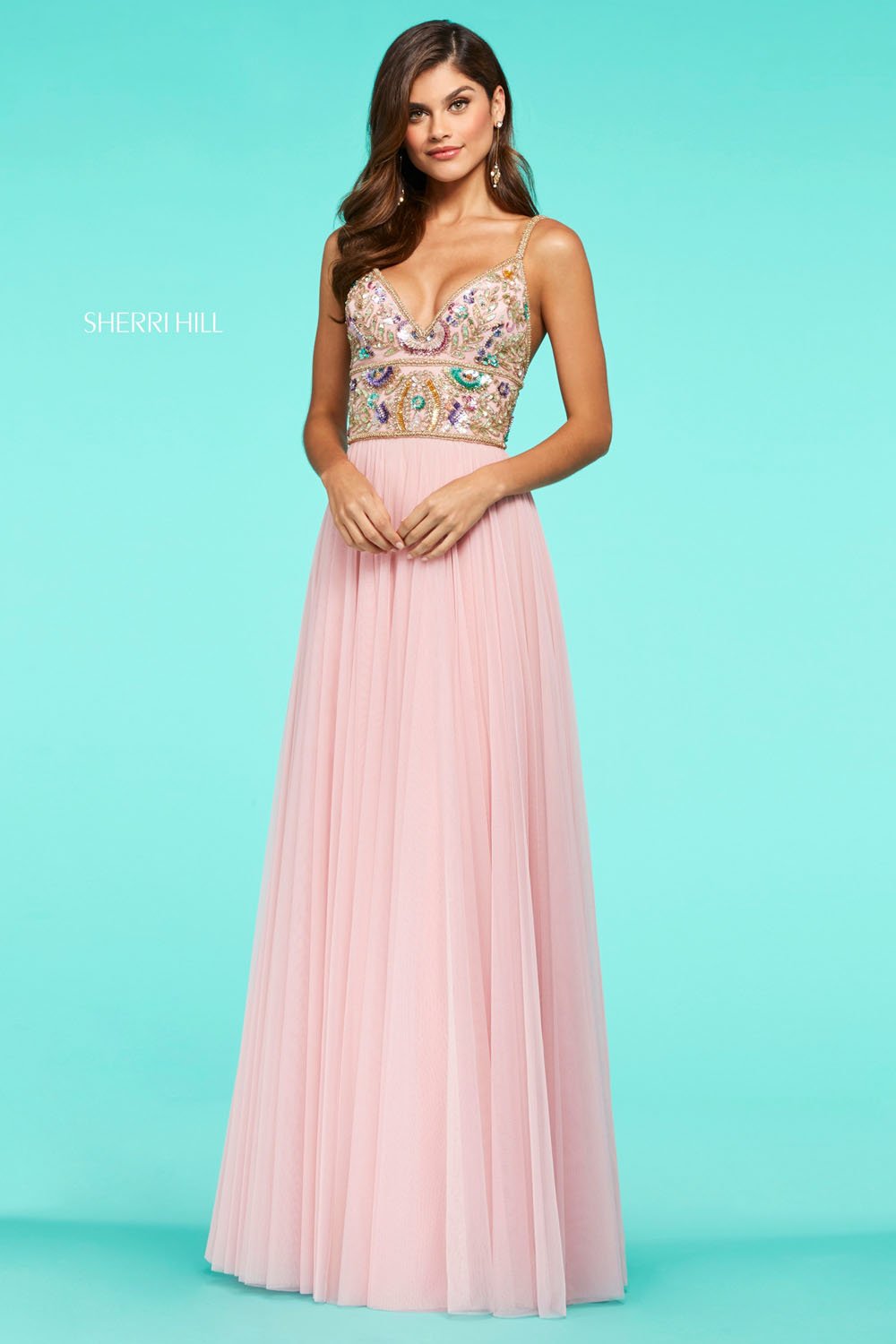 Sherri Hill 53567 dress images in these colors: Light Pink, Light Blue, Ivory, Yellow, Coral.