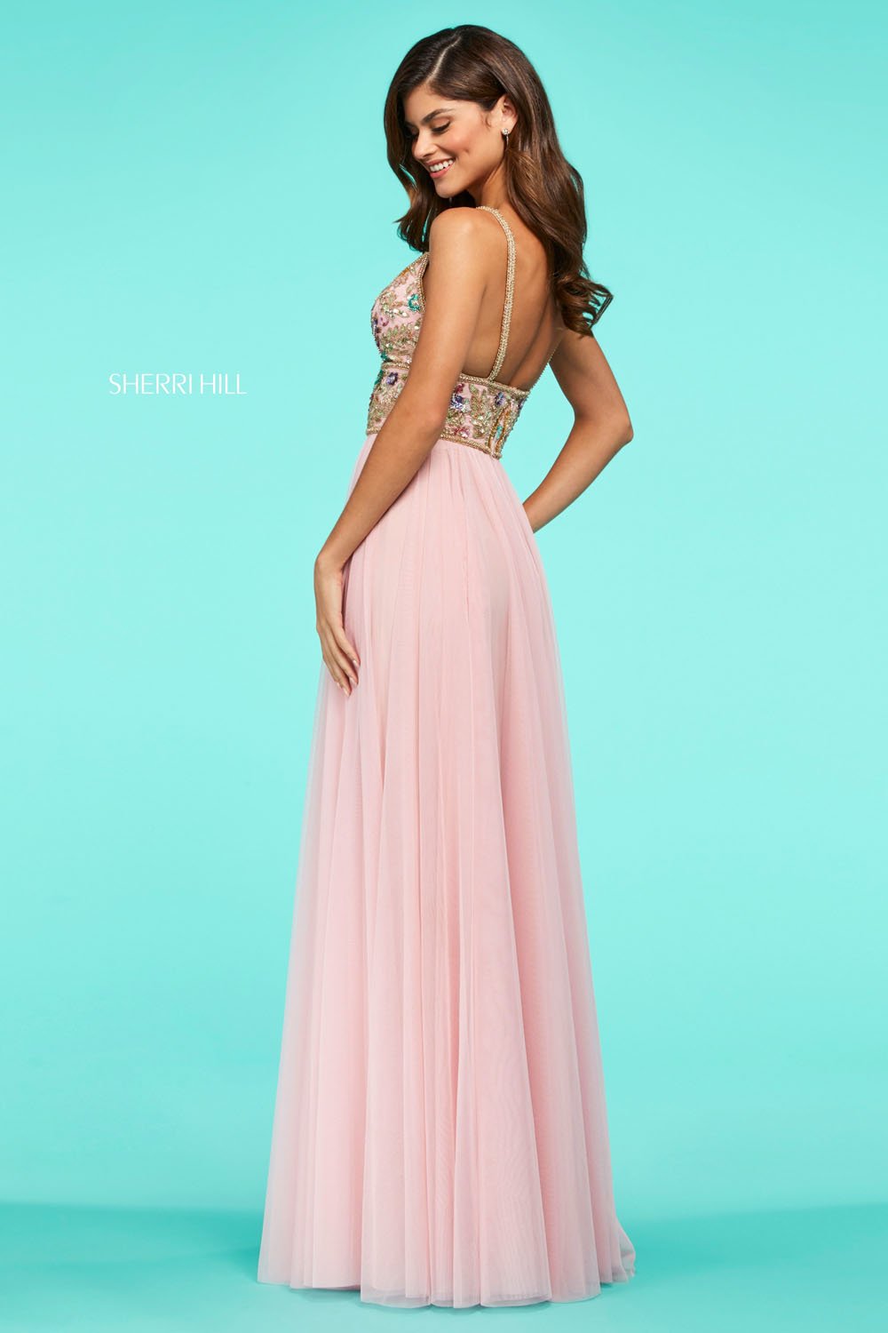 Sherri Hill 53567 dress images in these colors: Light Pink, Light Blue, Ivory, Yellow, Coral.