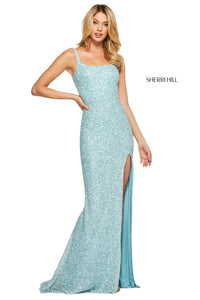 Sherri Hill 53569 dress images in these colors: Silver, Light Blue, Emerald, Lilac.
