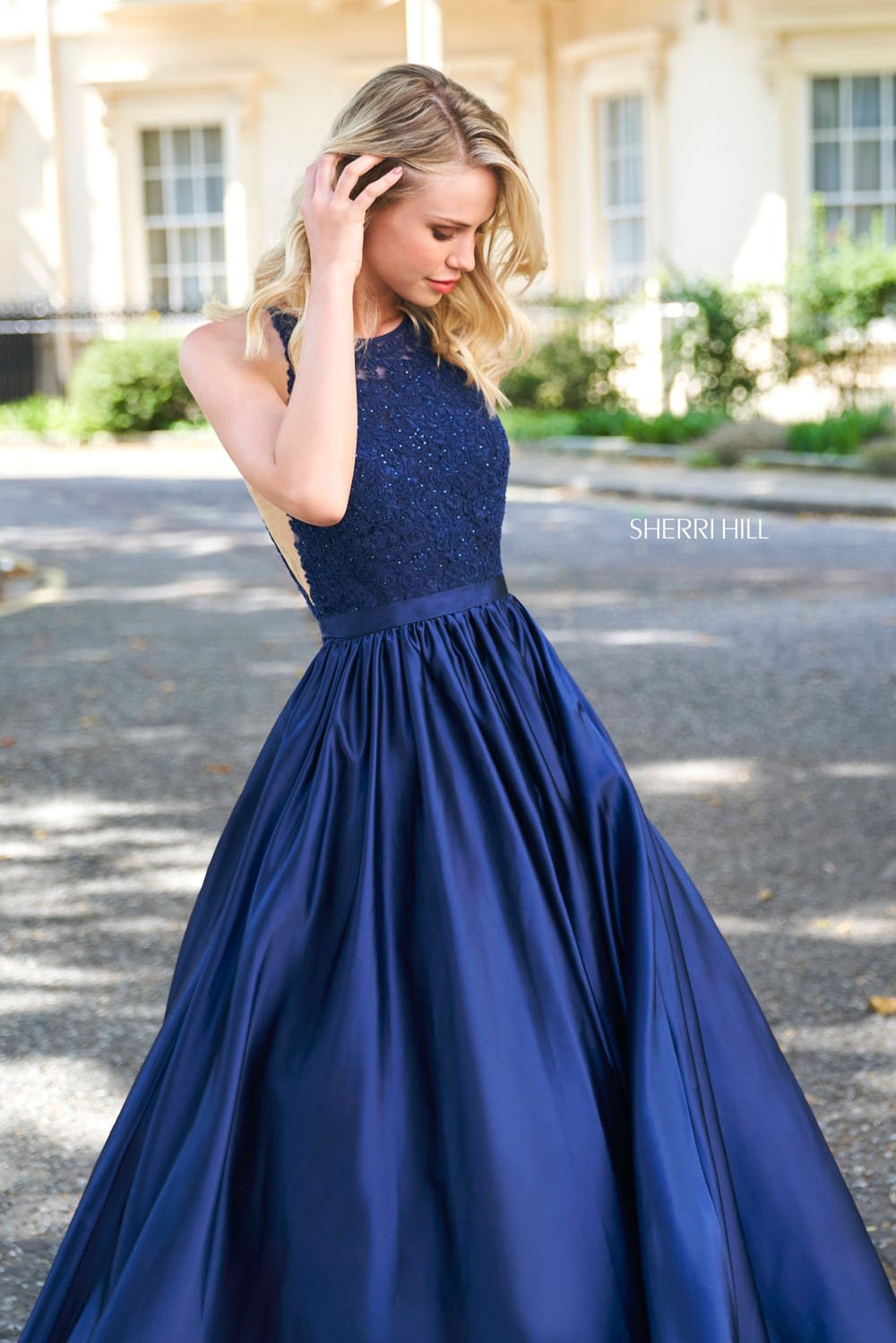 Sherri Hill 53573 dress images in these colors: Ivory, Black, Navy, Light Blue, Fuchsia, Red, Yellow, Aqua, Blush.