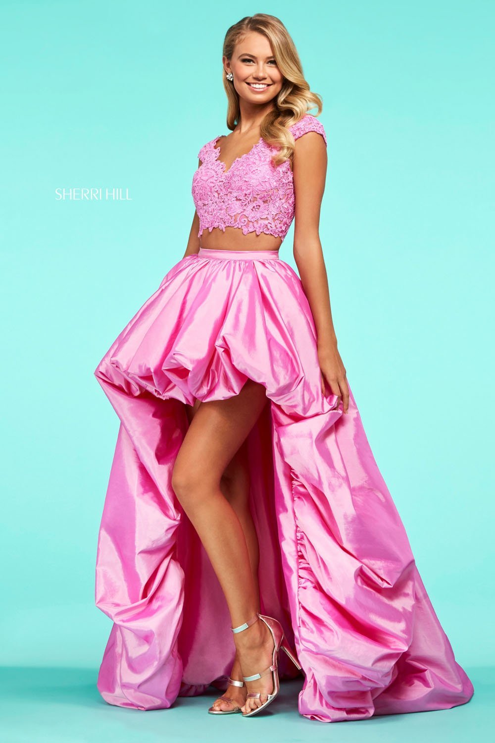 Sherri Hill 53579 dress images in these colors: Pink, Fuchsia, Coral, Aqua, Ivory, Black, Red, Yellow.