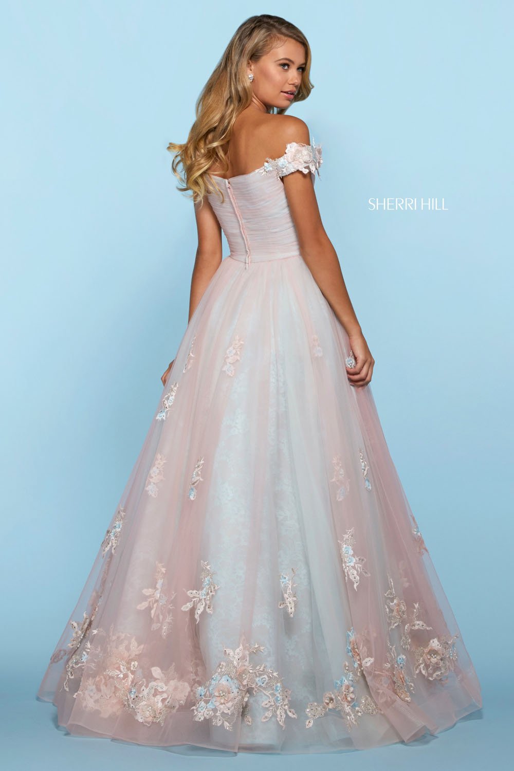 Sherri Hill 53587 dress images in these colors: Aqua Peach, Ivory Pink, Ivory Light Blue, Ivory Light Yellow.