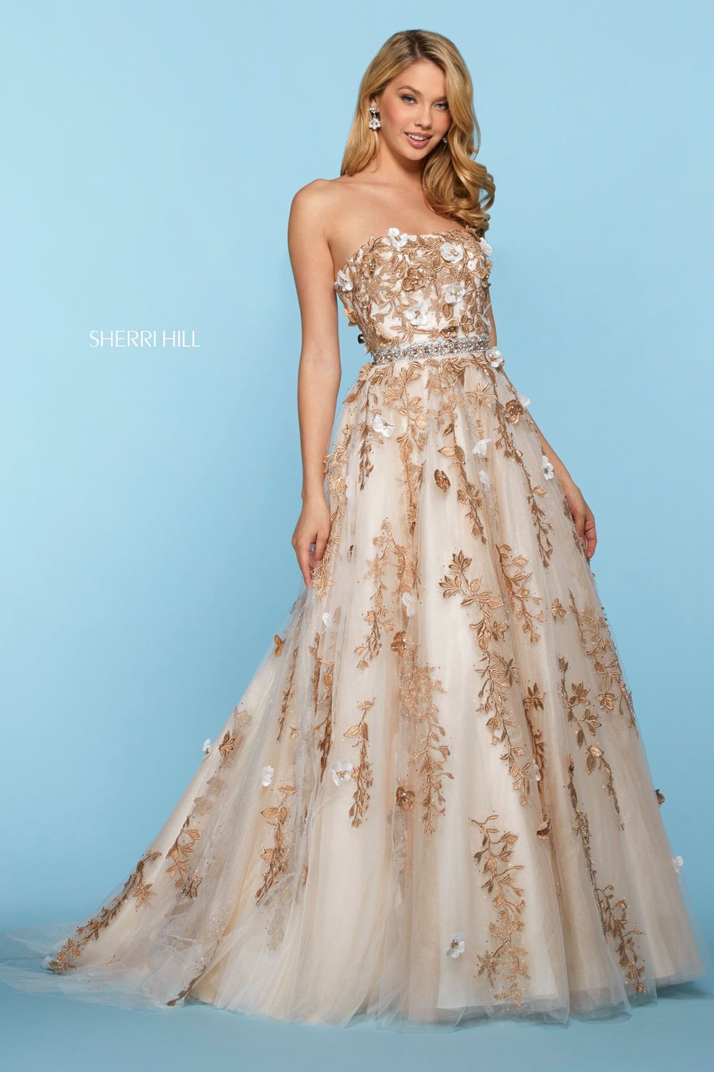 Sherri Hill 53589 dress images in these colors: Light Blue Gold, Ivory Gold, Blush Gold.