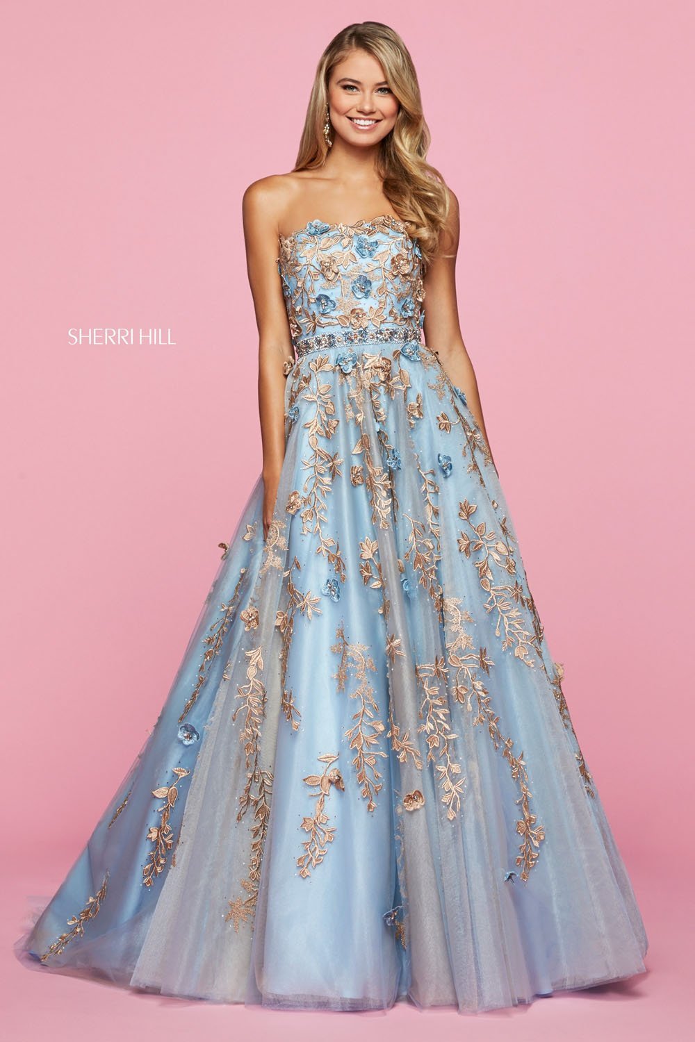 Sherri Hill 53589 dress images in these colors: Light Blue Gold, Ivory Gold, Blush Gold.