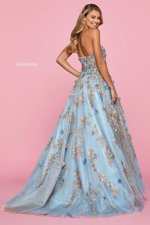 Sherri Hill 53589 dress images in these colors: Light Blue Gold, Ivory Gold, Blush Gold.