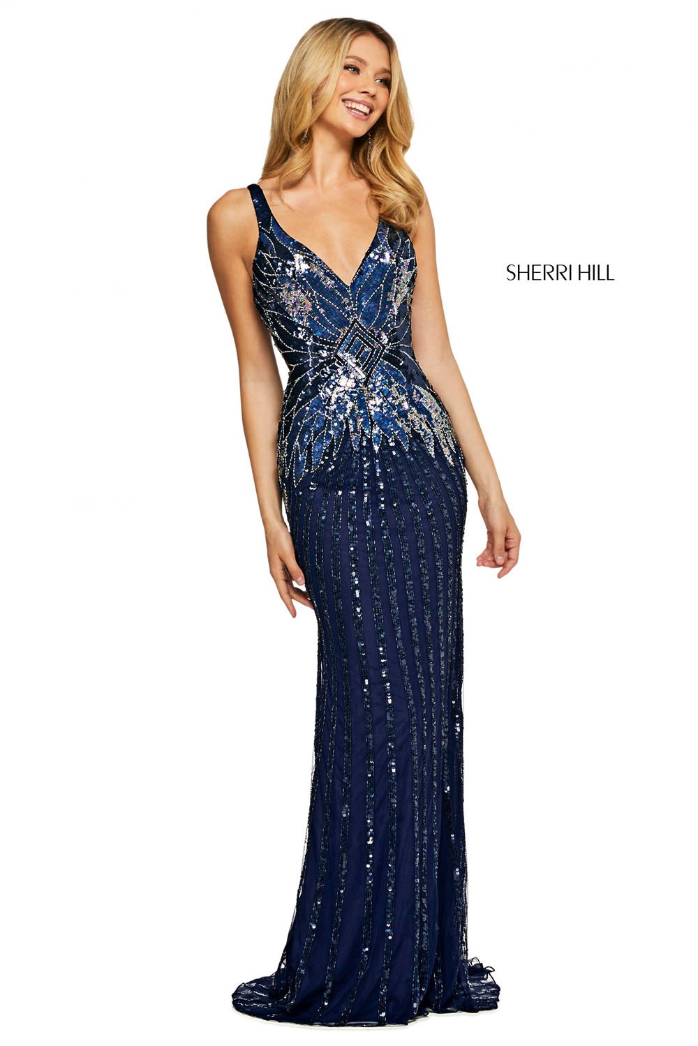 Sherri Hill 53593 dress images in these colors: Navy Silver.