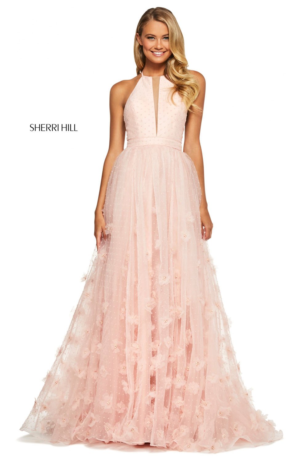 Sherri Hill 53595 dress images in these colors: Blush, Ivory, Lilac, Navy, Yellow, Aqua, Coral, Candy Pink.