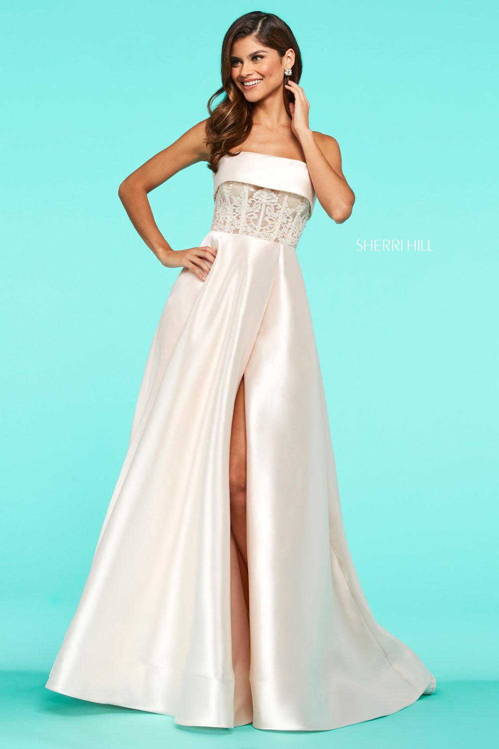 Sherri Hill 53600 dress images in these colors: Champagne, Ivory, Navy, Lilac, Red, Black, Aqua.