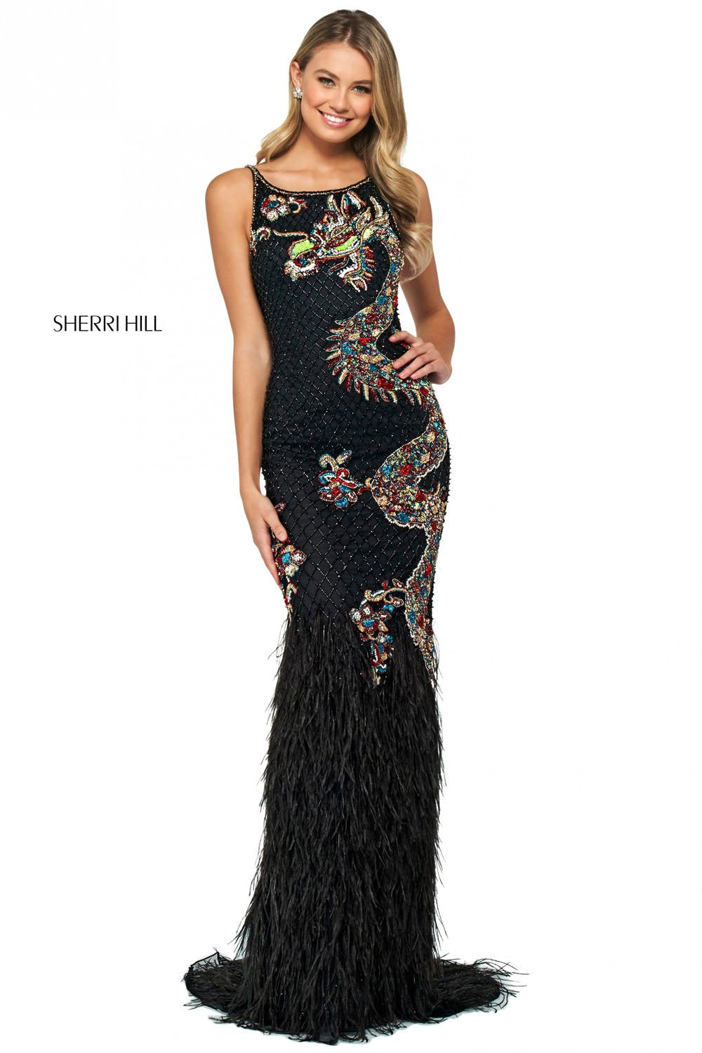 Sherri Hill 53608 dress images in these colors: Nude Silver, Black Multi.