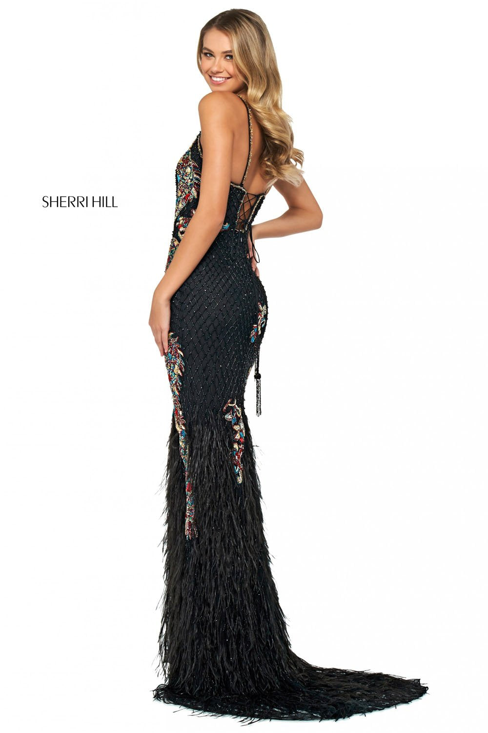 Sherri Hill 53608 dress images in these colors: Nude Silver, Black Multi.