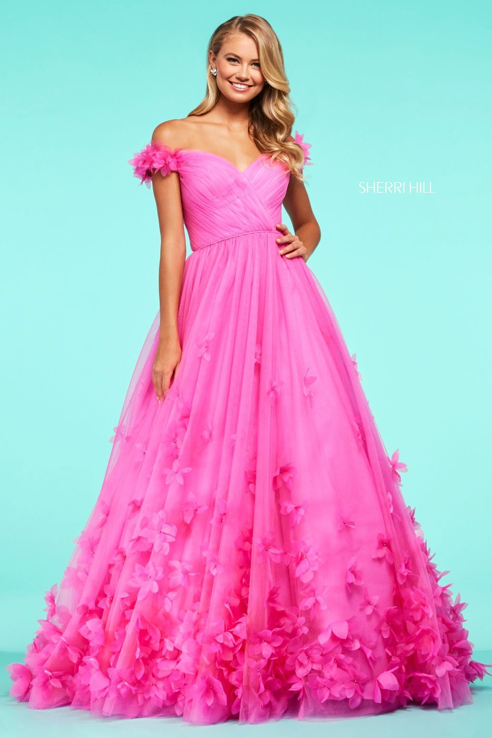 Sherri Hill 53636 dress images in these colors: Dark Pink, Lilac, Aqua, Coral, Navy.