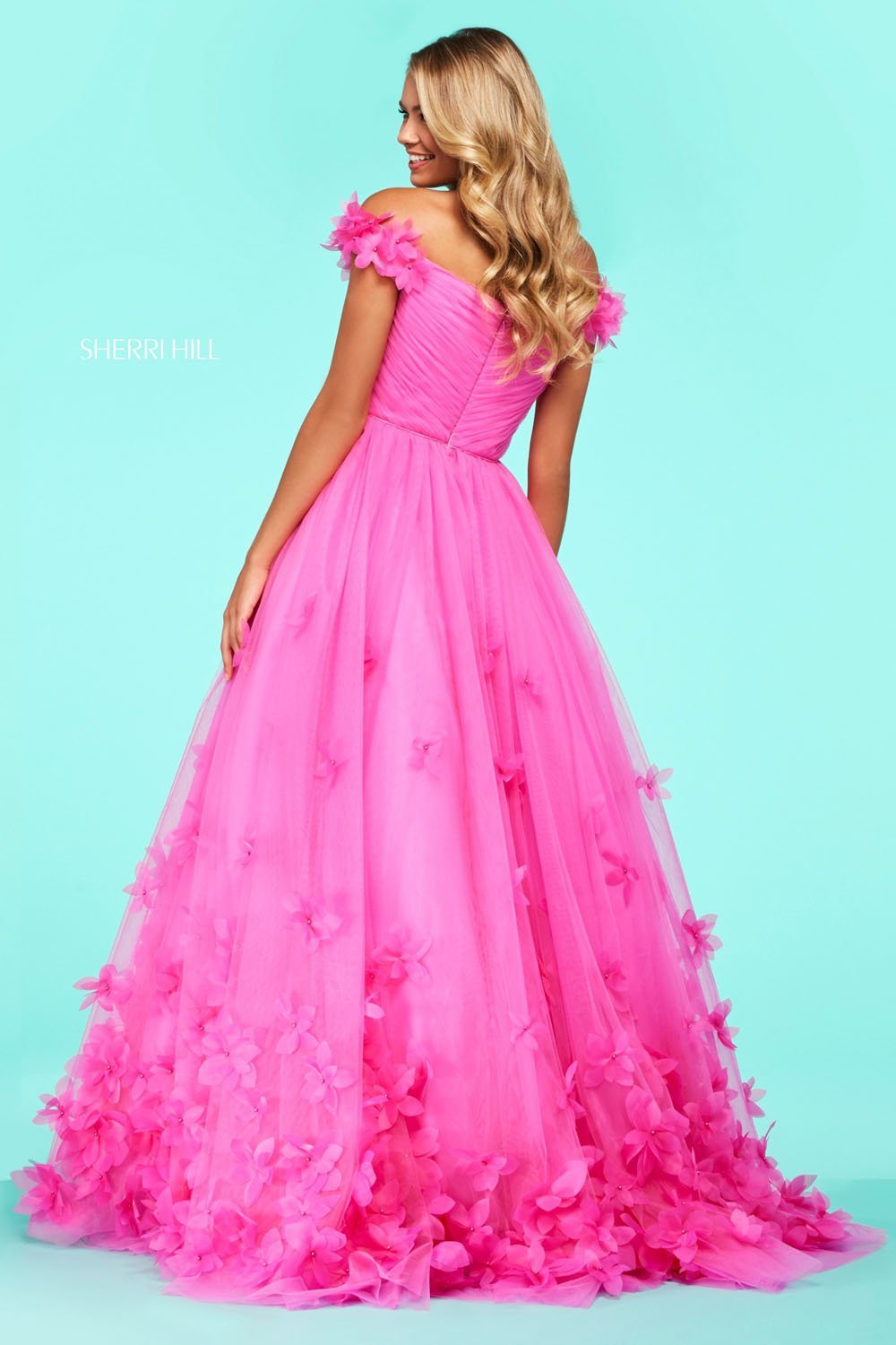 Sherri Hill 53636 dress images in these colors: Dark Pink, Lilac, Aqua, Coral, Navy.