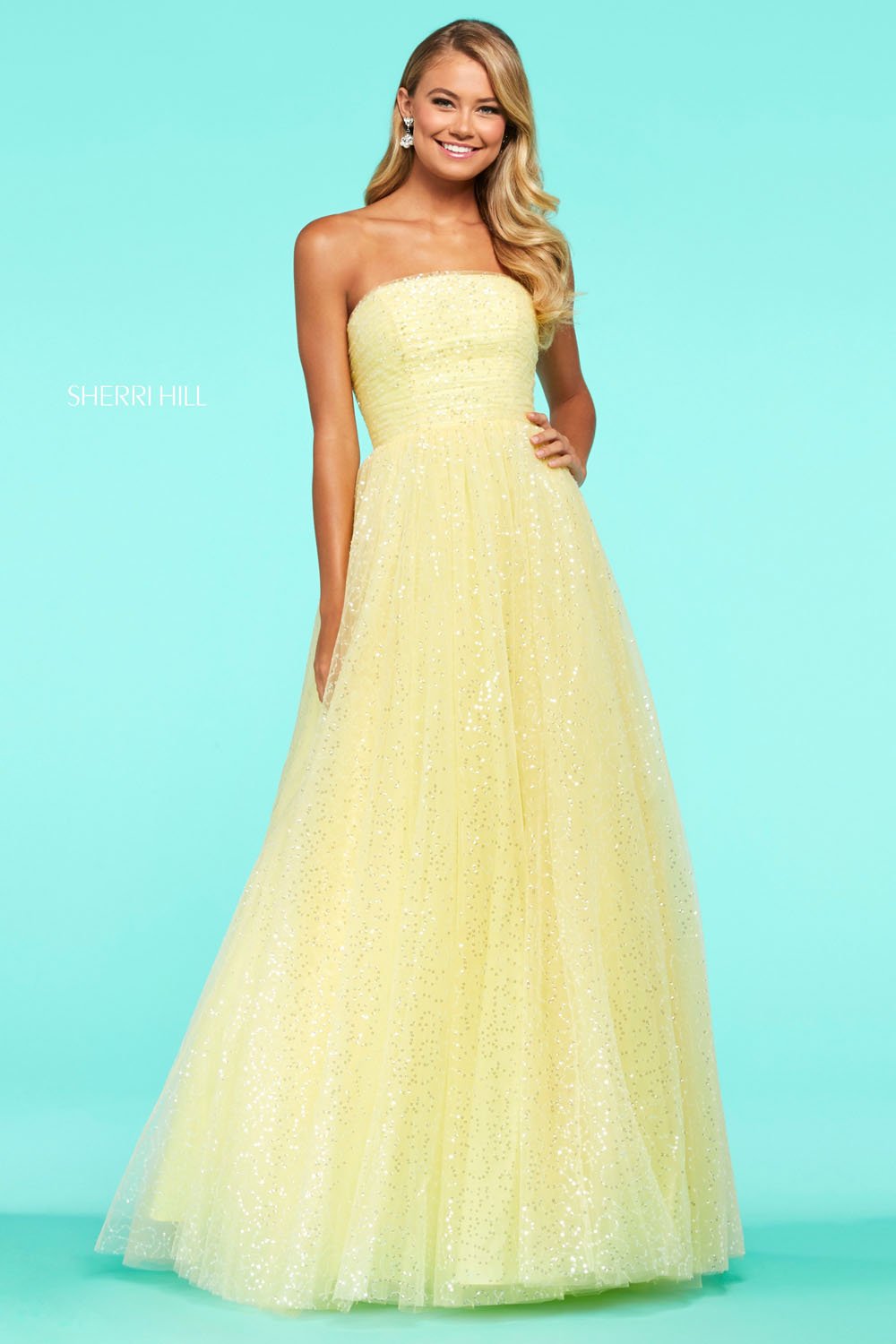 Sherri Hill 53638 dress images in these colors: Ivory, Blush, Light Blue, Yellow, Aqua, Coral, Candy Pink.