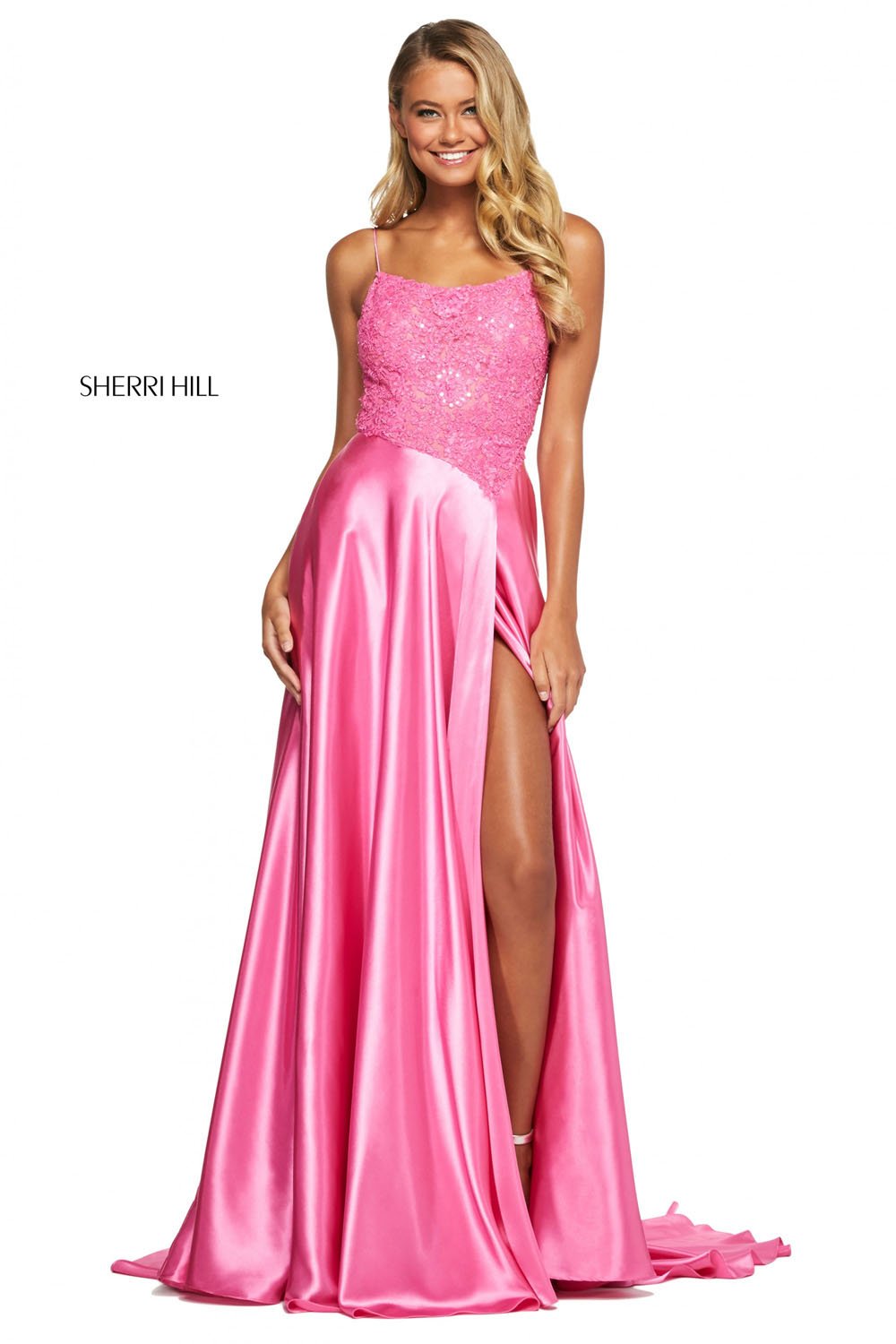 Sherri Hill 53648 dress images in these colors: Yellow, Coral, Lilac, Red, Light Blue, Pink, Rose Gold, Black.