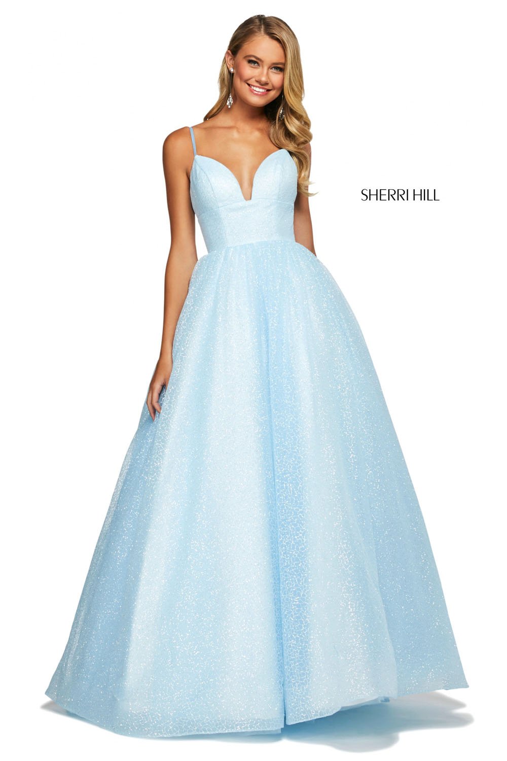 Sherri Hill 53665 dress images in these colors: White, Light Pink, Light Blue.