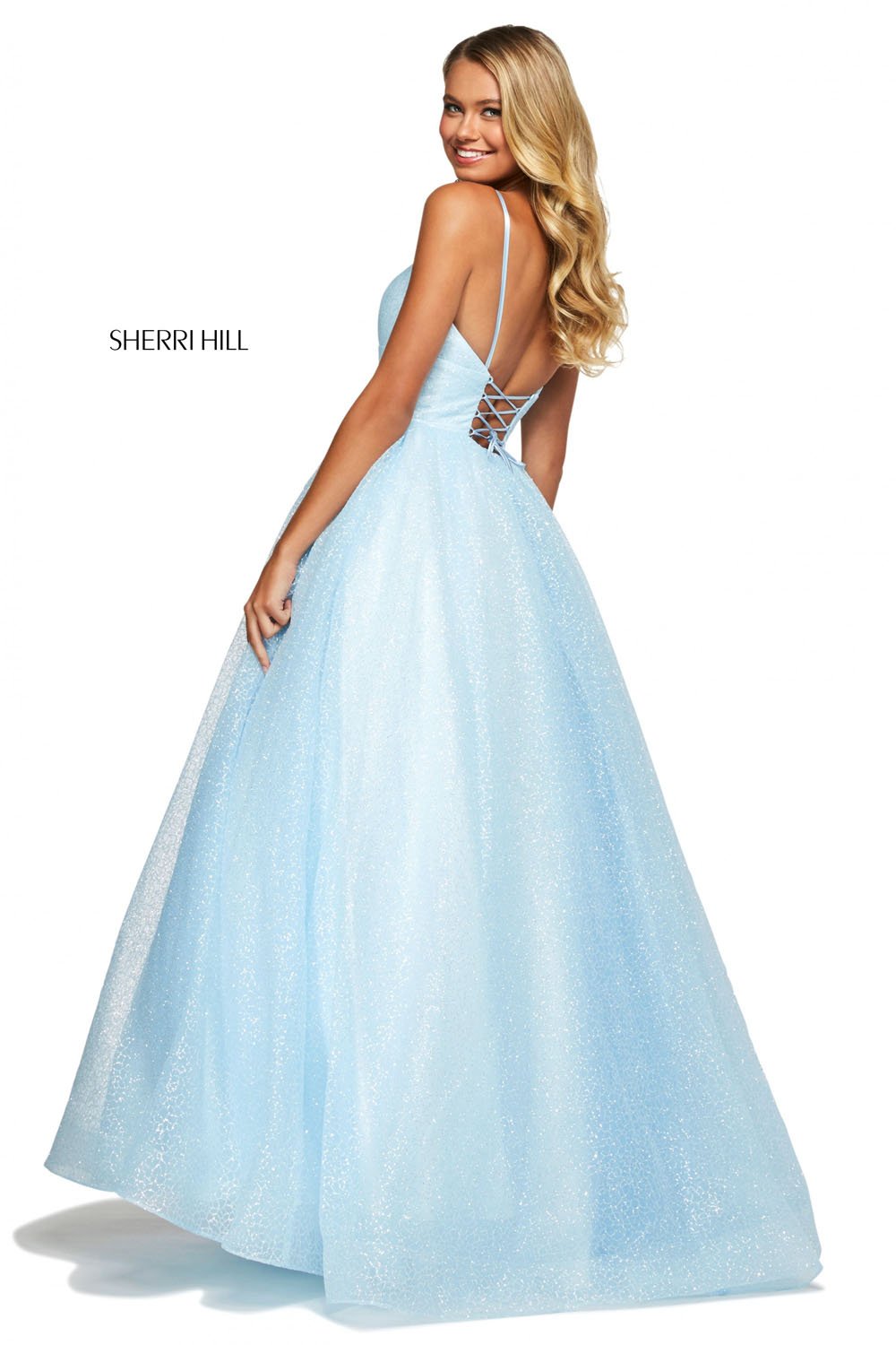 Sherri Hill 53665 dress images in these colors: White, Light Pink, Light Blue.