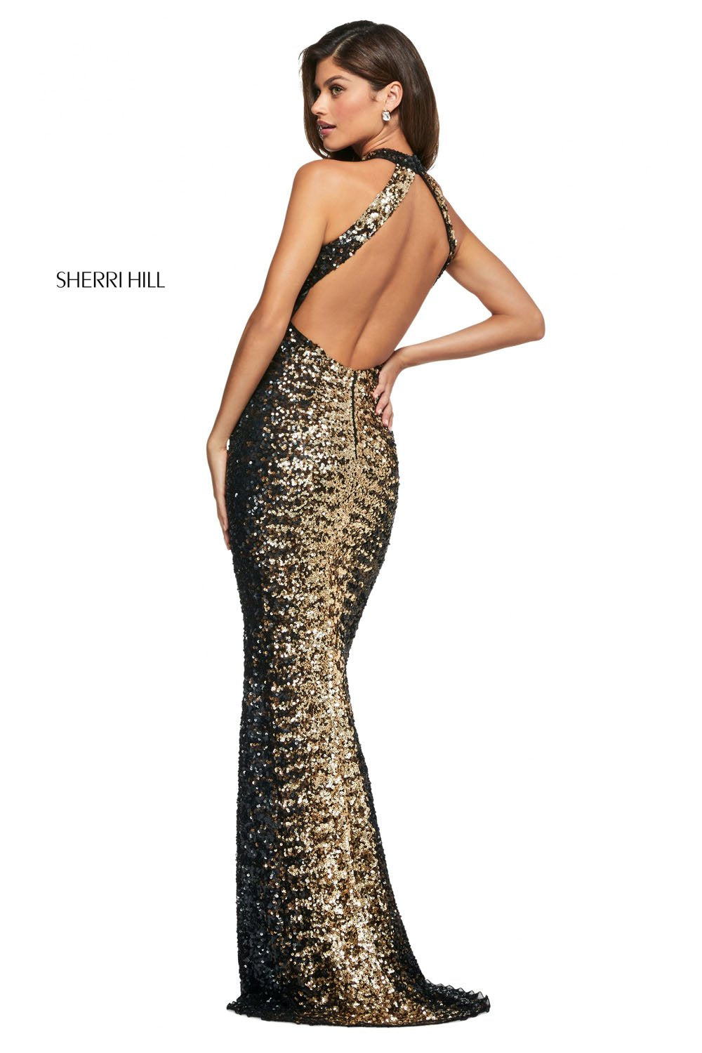 Sherri Hill 53667 dress images in these colors: Black Copper Gold.