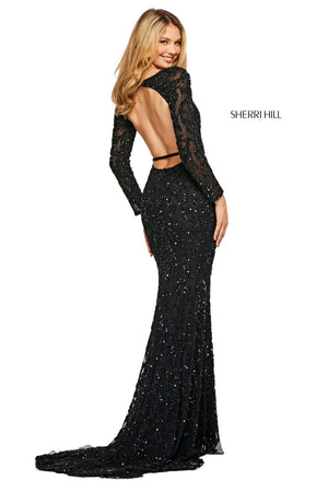 Sherri Hill 53670 dress images in these colors: Black, Gold, Nude Aqua Rose.