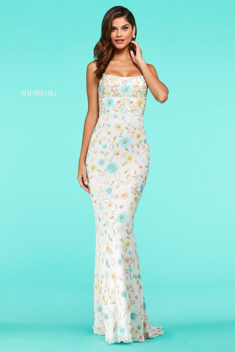 Sherri Hill 53673 dress images in these colors: Nude Multi, Ivory Multi, Light Yellow Multi, Light Blue Multi.