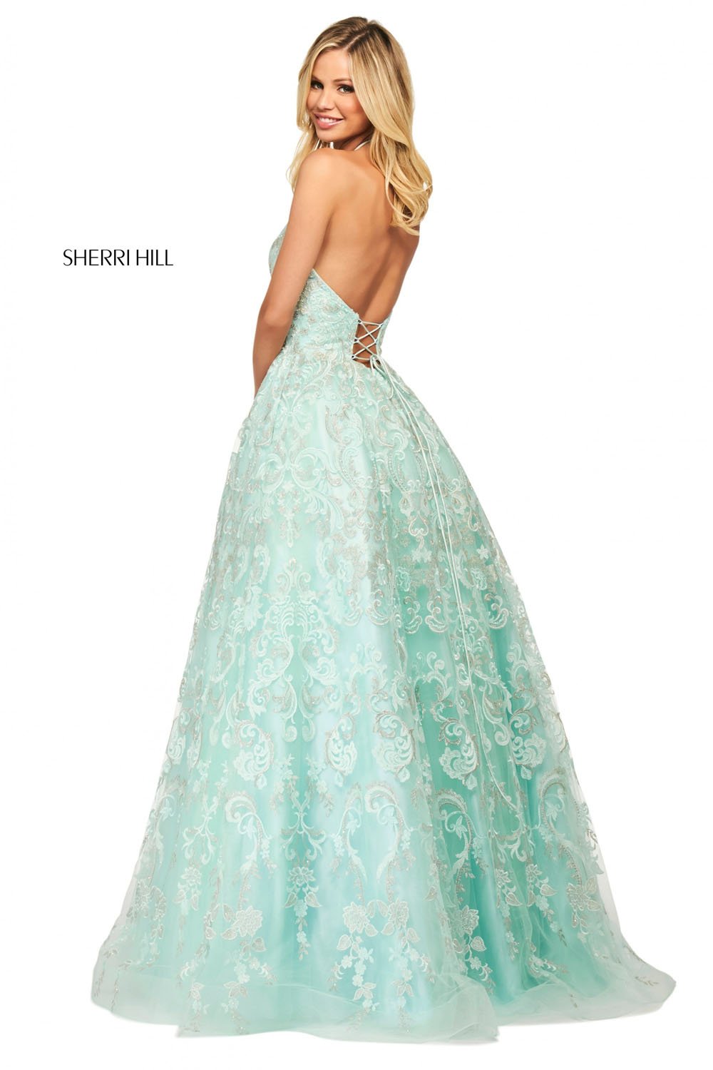 Sherri Hill 53688 dress images in these colors: Ivory, Periwinkle, Seafoam, Pink, Lilac.