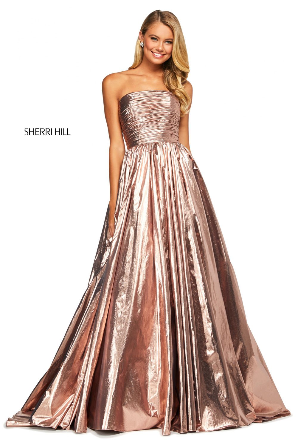 Sherri Hill 53693 dress images in these colors: Copper, Gold, Gunmetal.