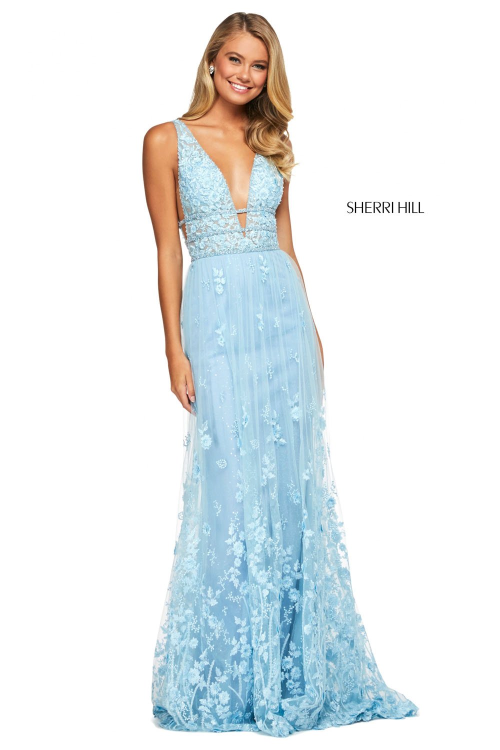 Sherri Hill 53695 dress images in these colors: Light Blue, Blush, Light Yellow, Ivory.