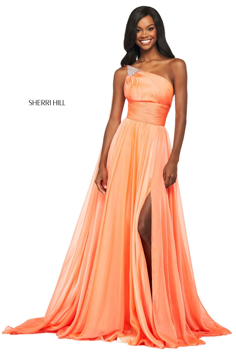 Sherri Hill 53698 dress images in these colors: Fuchsia, Dreamcicle, Blue, Green, Yellow.