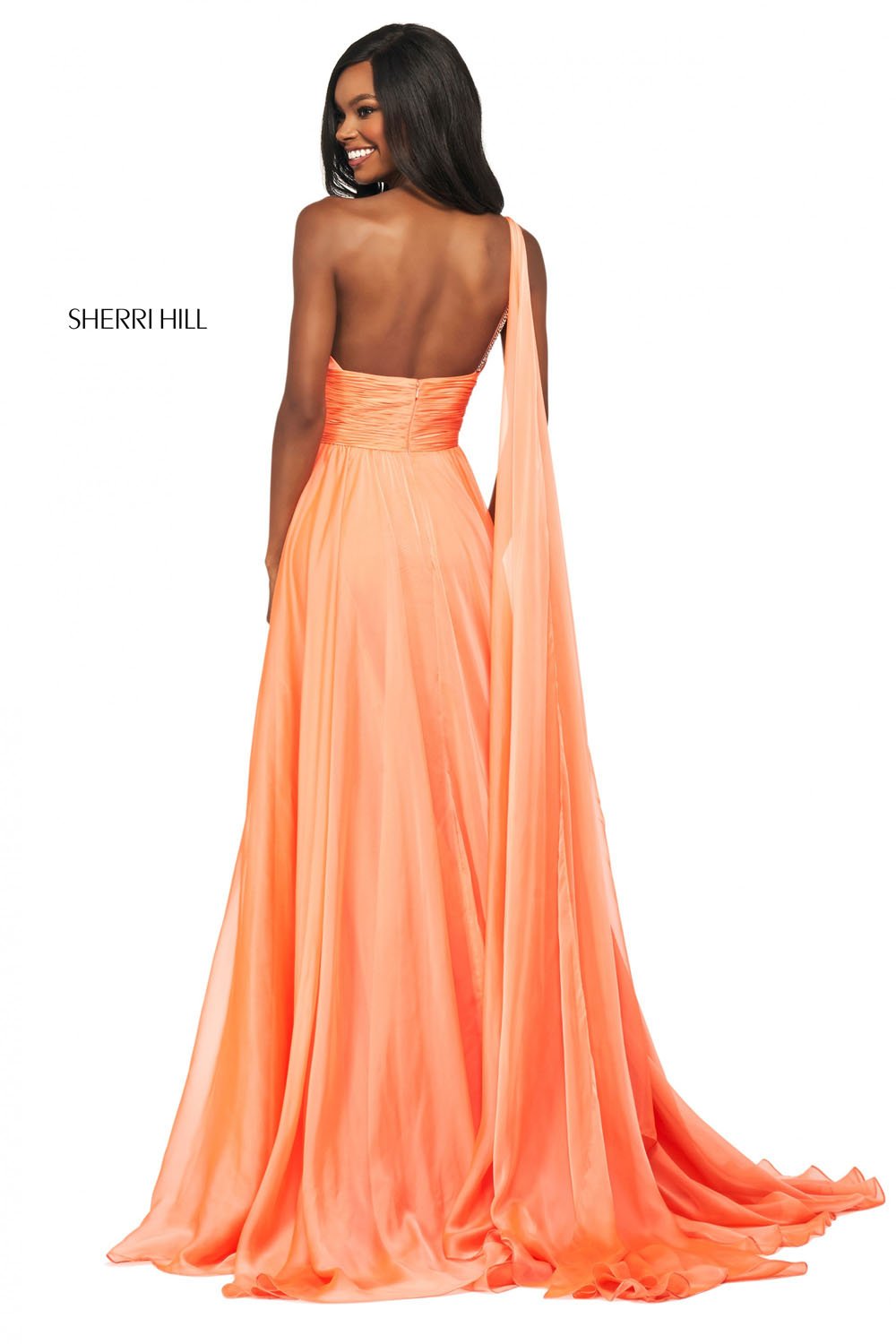 Sherri Hill 53698 dress images in these colors: Fuchsia, Dreamcicle, Blue, Green, Yellow.