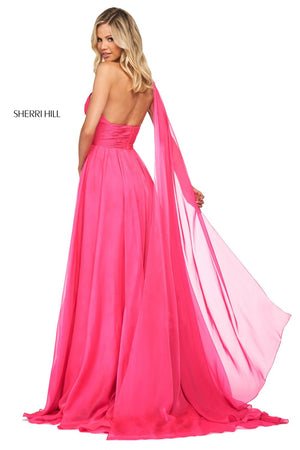 Sherri Hill 53698 dress images in these colors: Fuchsia, Dreamcicle, Blue, Green, Yellow.