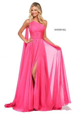 Sherri Hill 53698 dress images in these colors: Fuchsia, Dreamcicle, Blue, Green, Yellow.