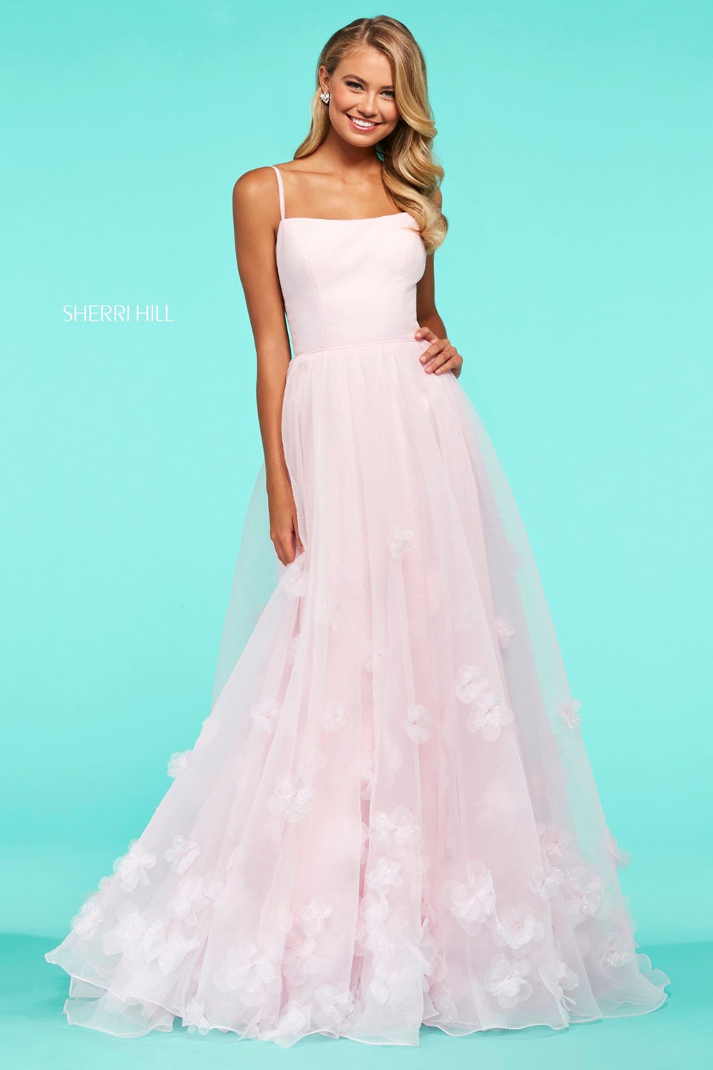 Sherri Hill 53708 dress images in these colors: Ivory, Light Blue, Pink.