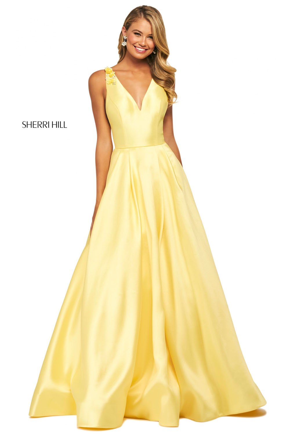 Sherri Hill 53732 dress images in these colors: Light Blue, Ivory, Yellow, Blush, Bright Pink, Navy, Red, Black.