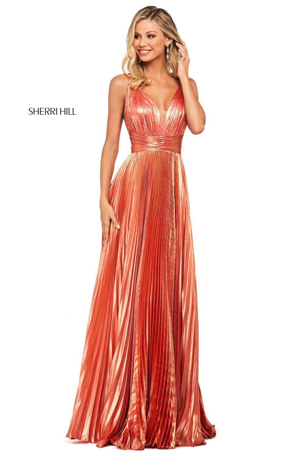 Sherri Hill 53737 dress images in these colors: Gold, Coral.