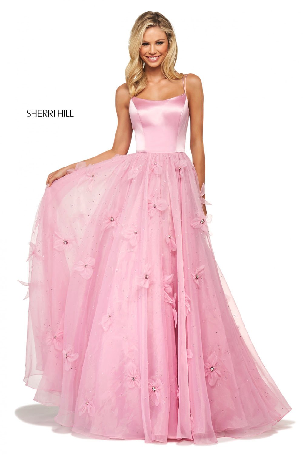 Sherri Hill 53744 dress images in these colors: Light Blue, Dark Coral, Ivory, Yellow, Rose, Lilac, Black.