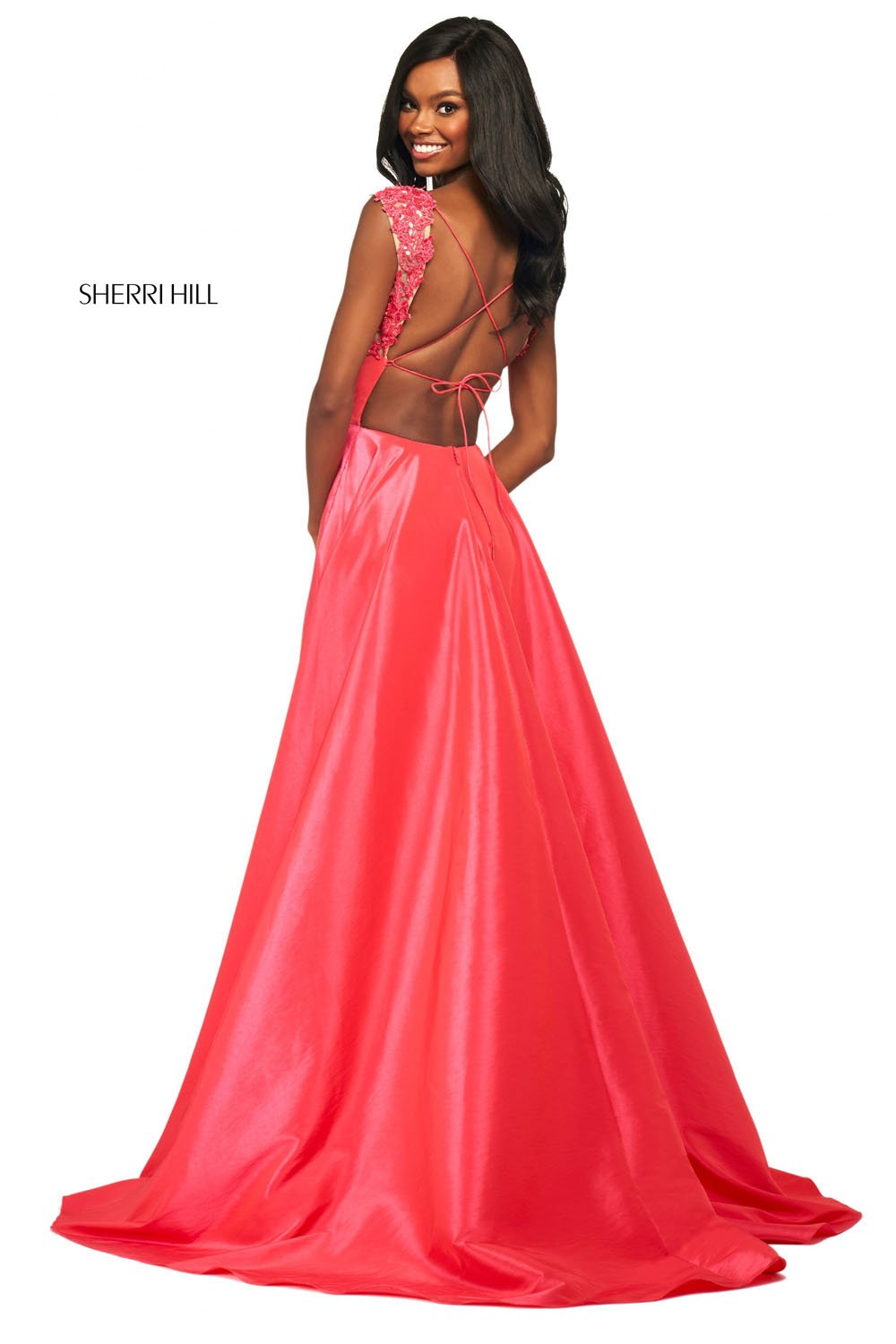 Sherri Hill 53767 dress images in these colors: Coral, Red, Aqua, Yellow, Pink, Navy.