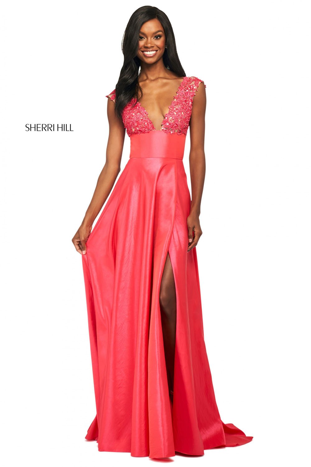 Sherri Hill 53767 dress images in these colors: Coral, Red, Aqua, Yellow, Pink, Navy.