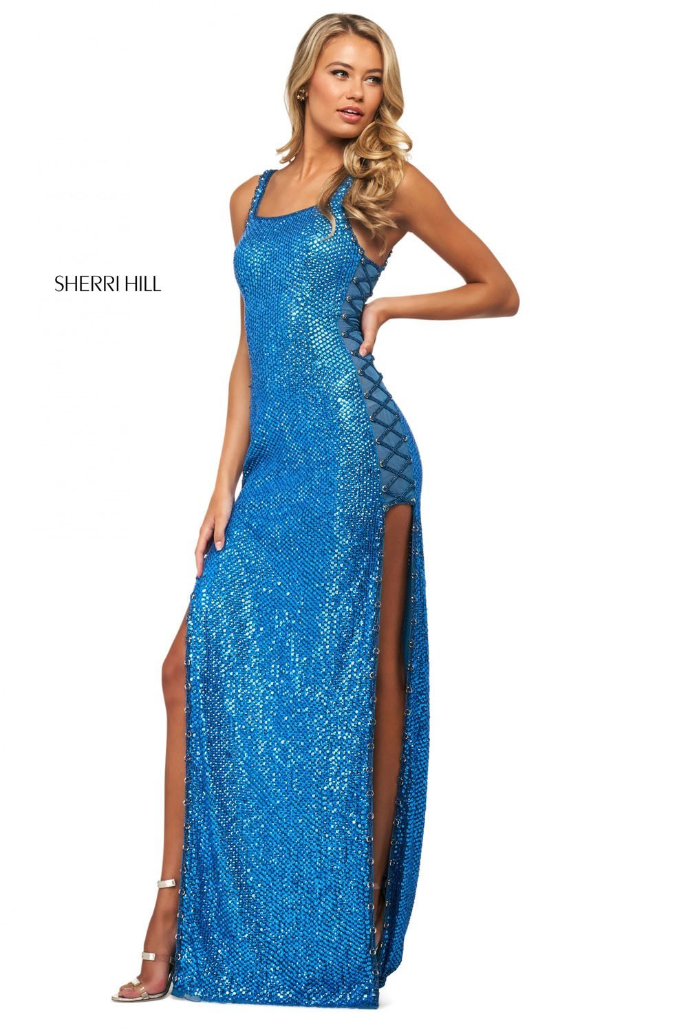 Sherri Hill 53789 dress images in these colors: Peacock, Black, Ivory.