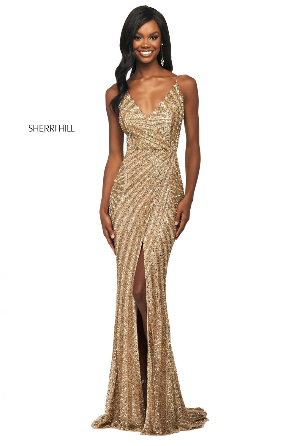 Sherri Hill 53798 dress images in these colors: Navy Gunmetal, Gold.