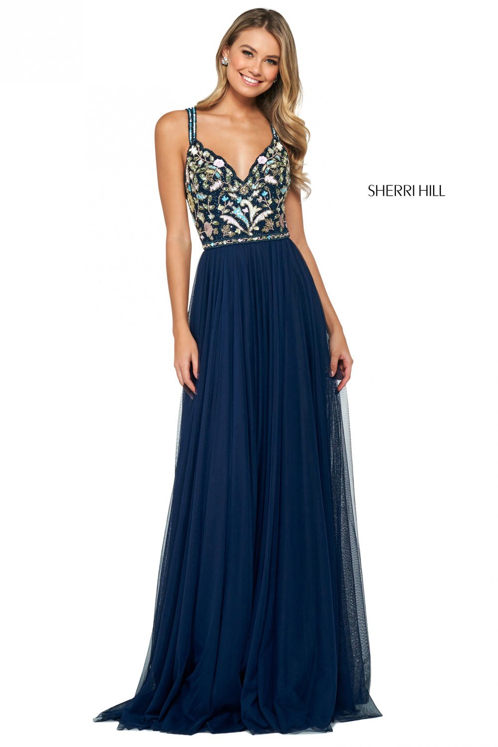 Sherri Hill 53803 dress images in these colors: Nude Multi, Black Multi, Blush Multi, Light Blue Multi, Navy Multi, Yellow Multi, Periwinkle Multi, Ivory Multi.