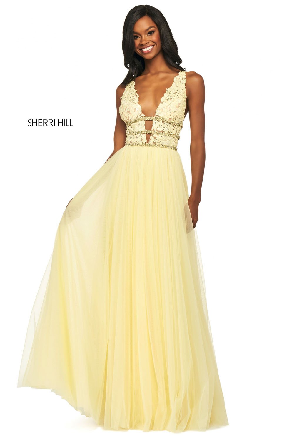 Sherri Hill 53806 dress images in these colors: Yellow, Red, Light Blue, Ivory.