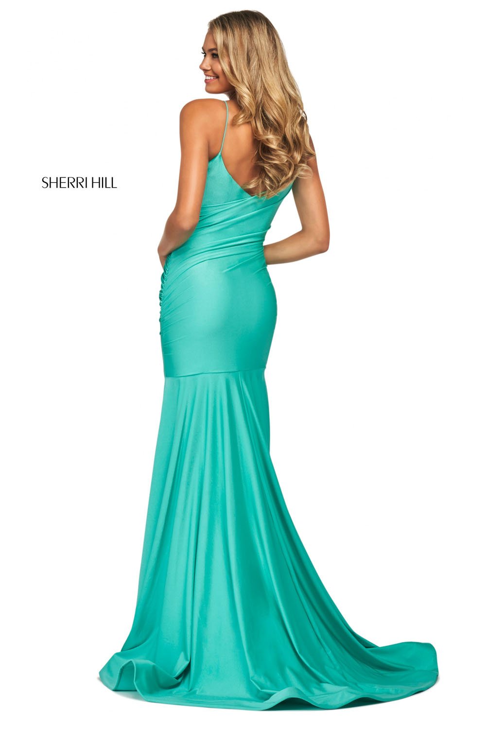 Sherri Hill 53809 dress images in these colors: Orange, Aqua, Royal, Lilac, Red, Candy Pink, Yellow, Black.