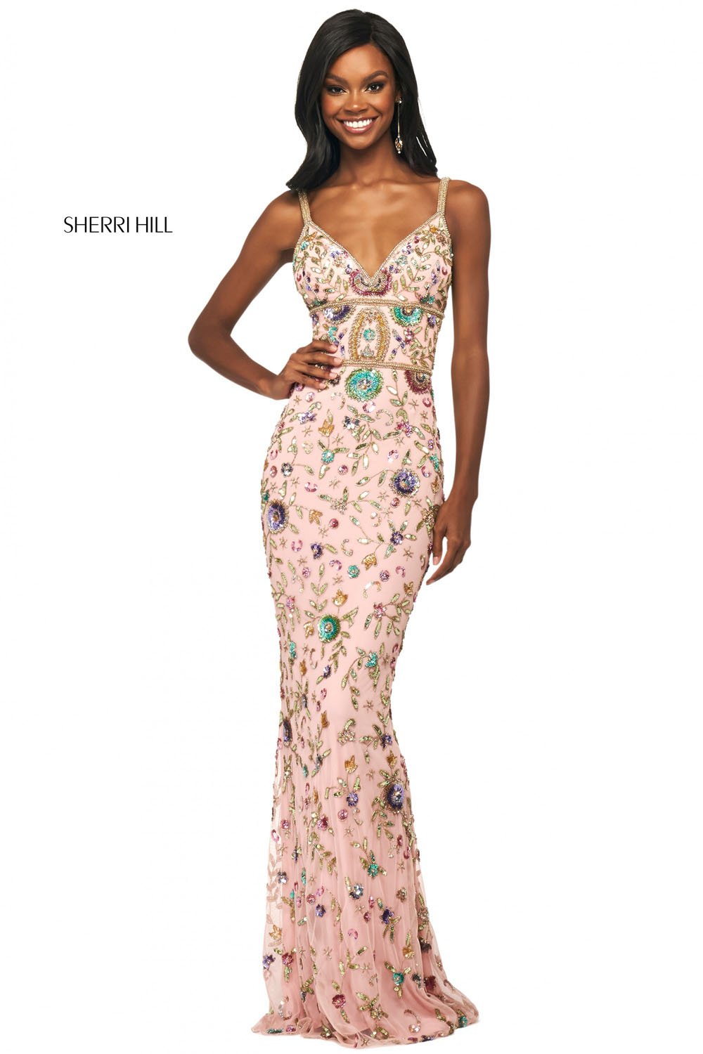 Sherri Hill 53814 dress images in these colors: Light Blue Multi, Blush Multi.