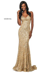 Sherri Hill 53817 dress images in these colors: Silver, Gold, Emerald.