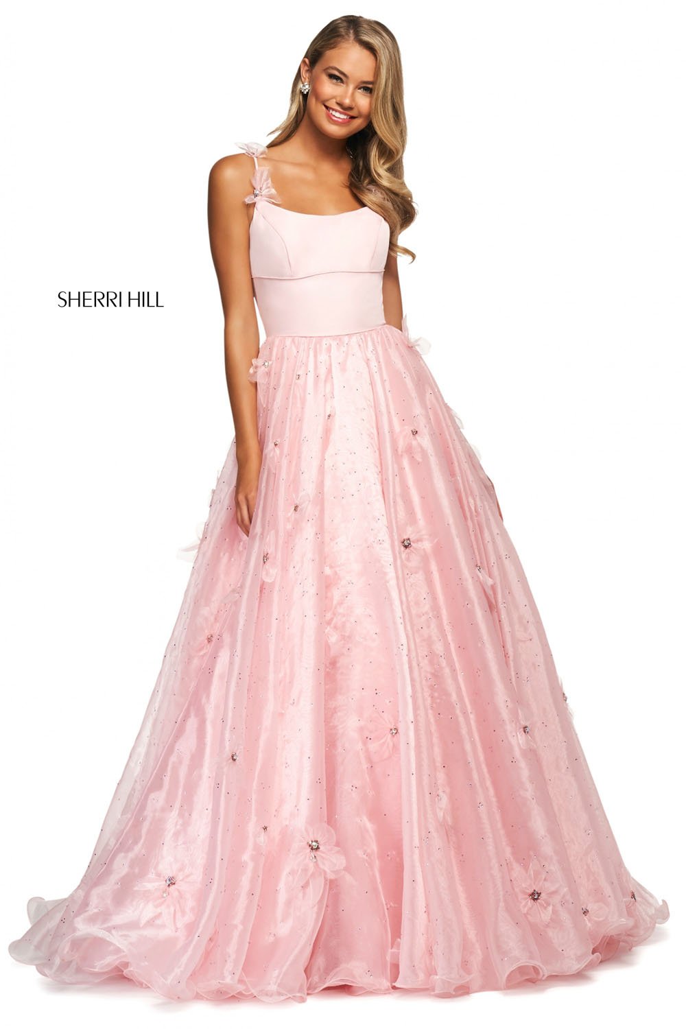 Sherri Hill 53823 dress images in these colors: Ivory, Blush, Light Blue, Lilac, Candy Pink, Yellow, Aqua.