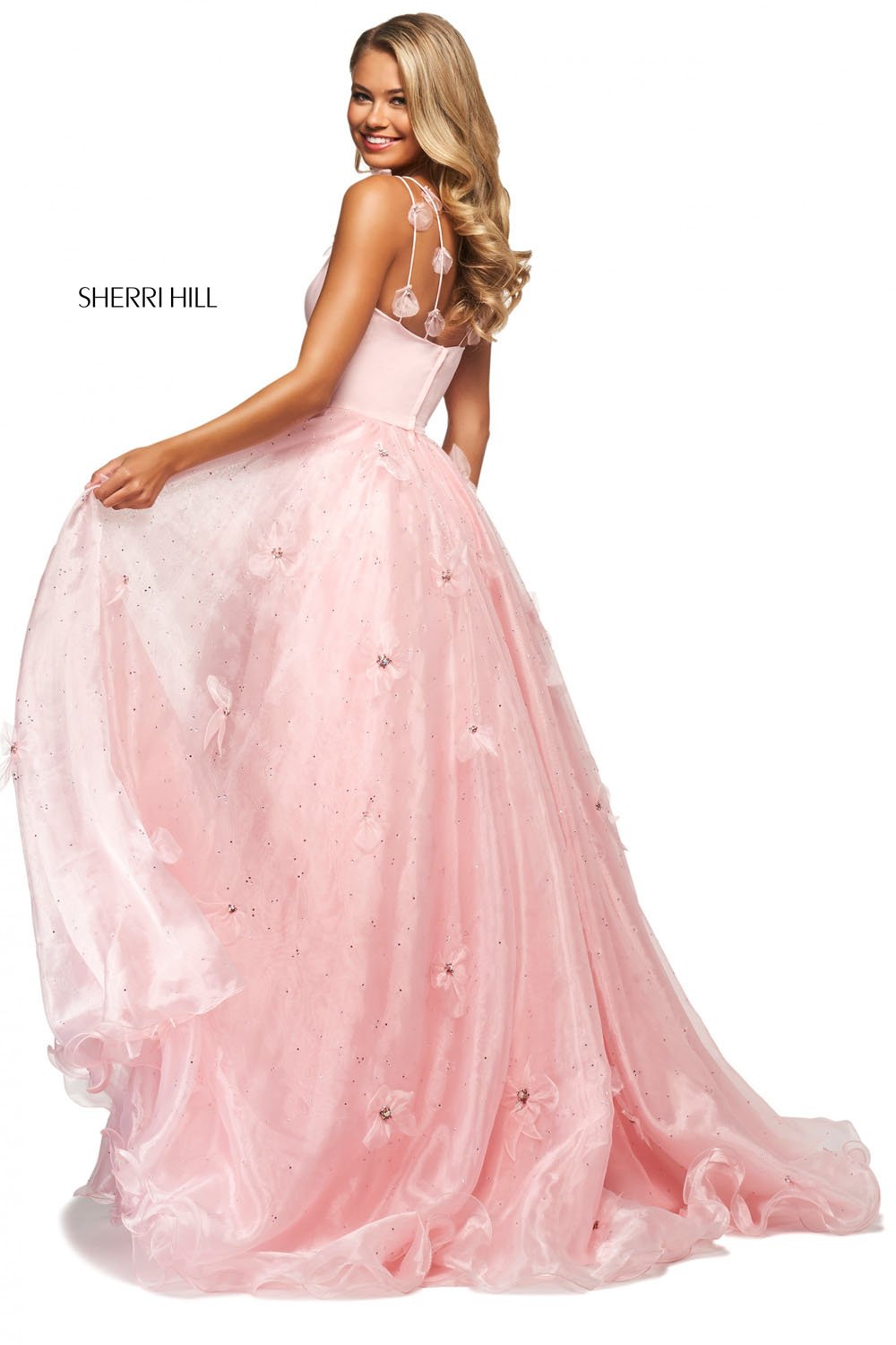 Sherri Hill 53823 dress images in these colors: Ivory, Blush, Light Blue, Lilac, Candy Pink, Yellow, Aqua.