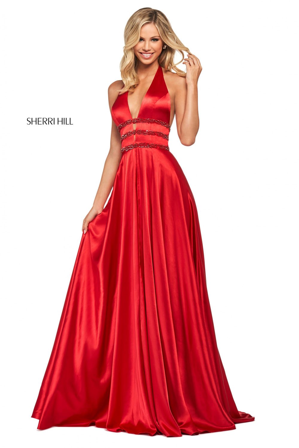 Sherri Hill 53833 dress images in these colors: Aqua, Emerald, Royal, Red, Jade, Rose.