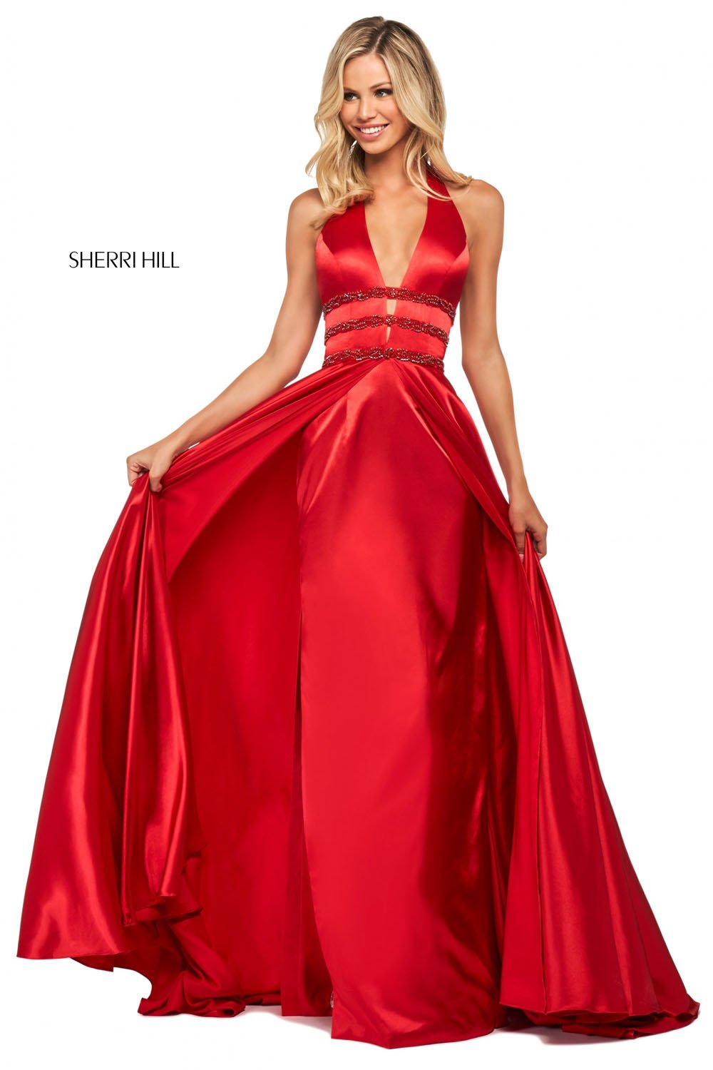 Sherri Hill 53833 dress images in these colors: Aqua, Emerald, Royal, Red, Jade, Rose.