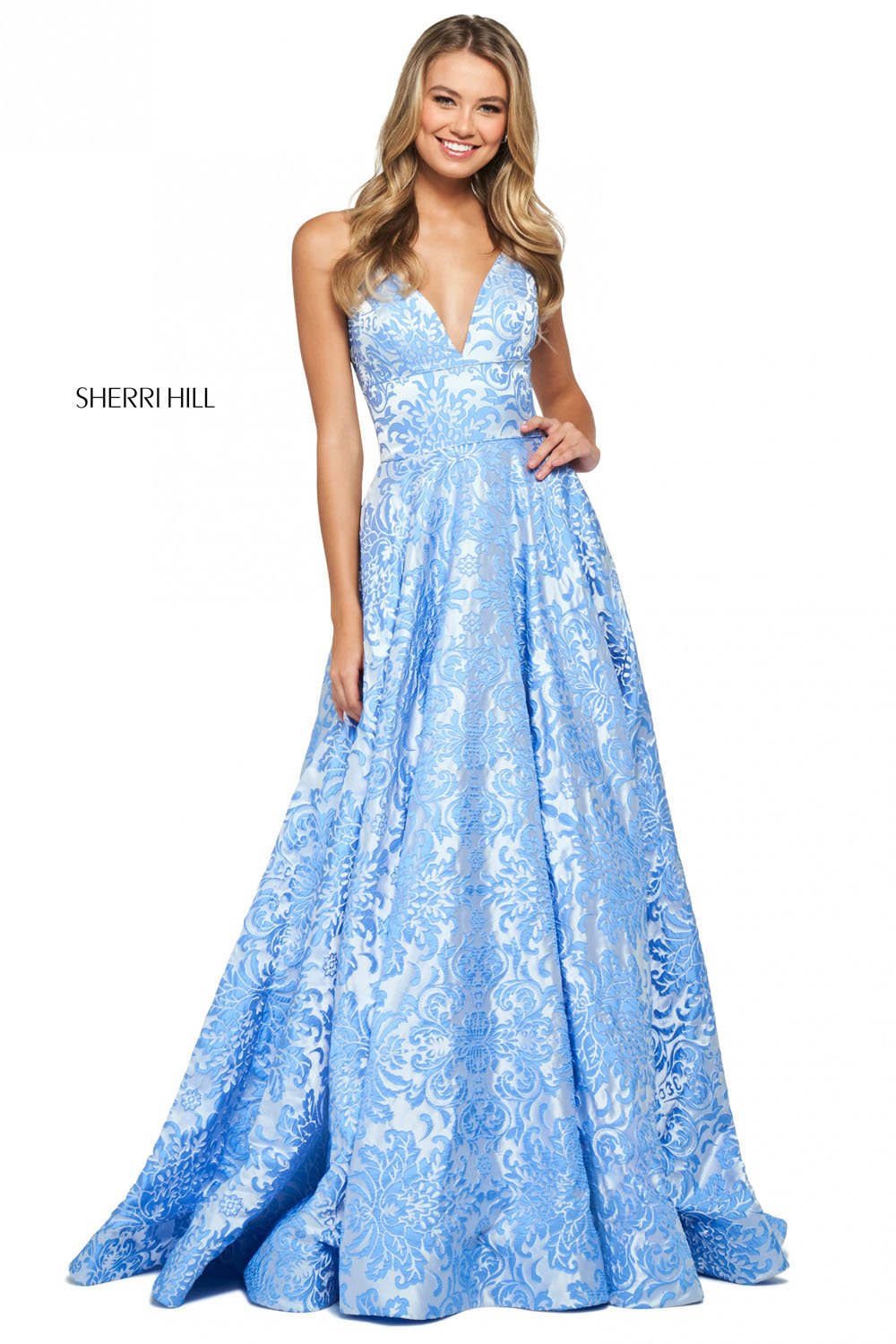 Sherri Hill 53881 dress images in these colors: Coral, Yellow, Blue.
