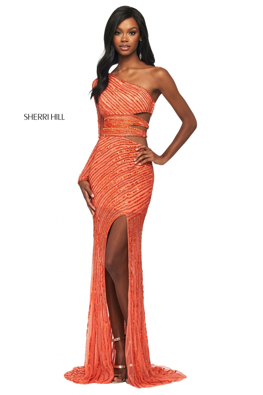 Sherri Hill 53884 dress images in these colors: Silver, Gold, Emerald, Orange.
